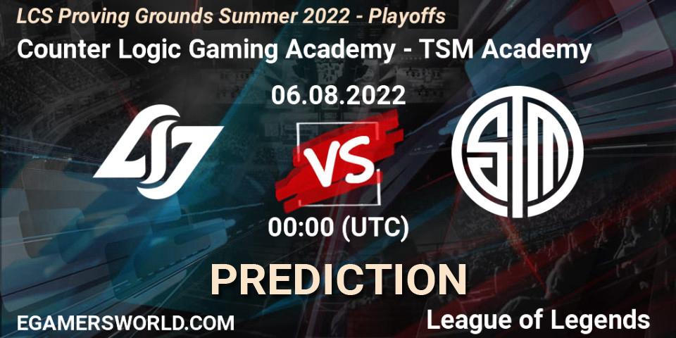 Pronóstico Counter Logic Gaming Academy - TSM Academy. 06.08.2022 at 00:00, LoL, LCS Proving Grounds Summer 2022 - Playoffs