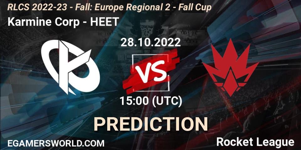 Pronóstico Karmine Corp - HEET. 28.10.2022 at 15:00, Rocket League, RLCS 2022-23 - Fall: Europe Regional 2 - Fall Cup