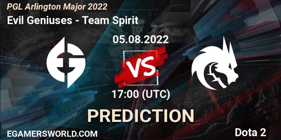 Pronóstico Evil Geniuses - Team Spirit. 05.08.2022 at 17:15, Dota 2, PGL Arlington Major 2022 - Group Stage