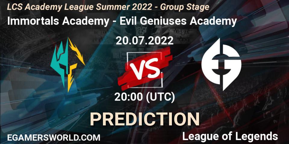 Pronóstico Immortals Academy - Evil Geniuses Academy. 20.07.2022 at 20:00, LoL, LCS Academy League Summer 2022 - Group Stage