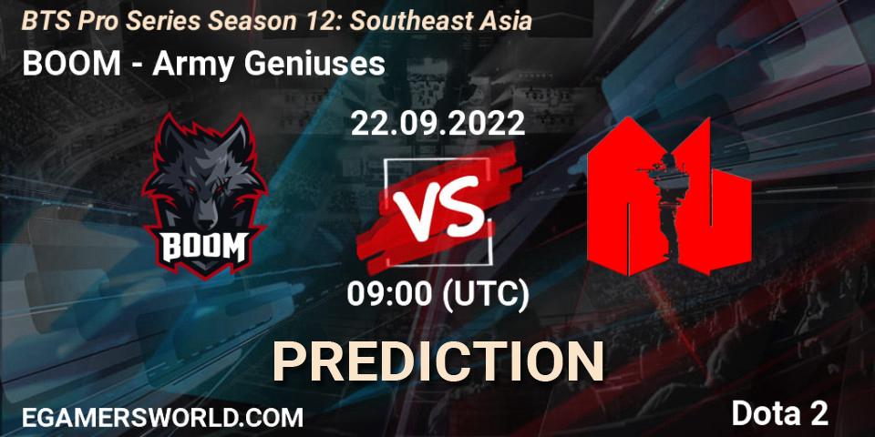 Pronóstico BOOM - Army Geniuses. 22.09.2022 at 09:00, Dota 2, BTS Pro Series Season 12: Southeast Asia