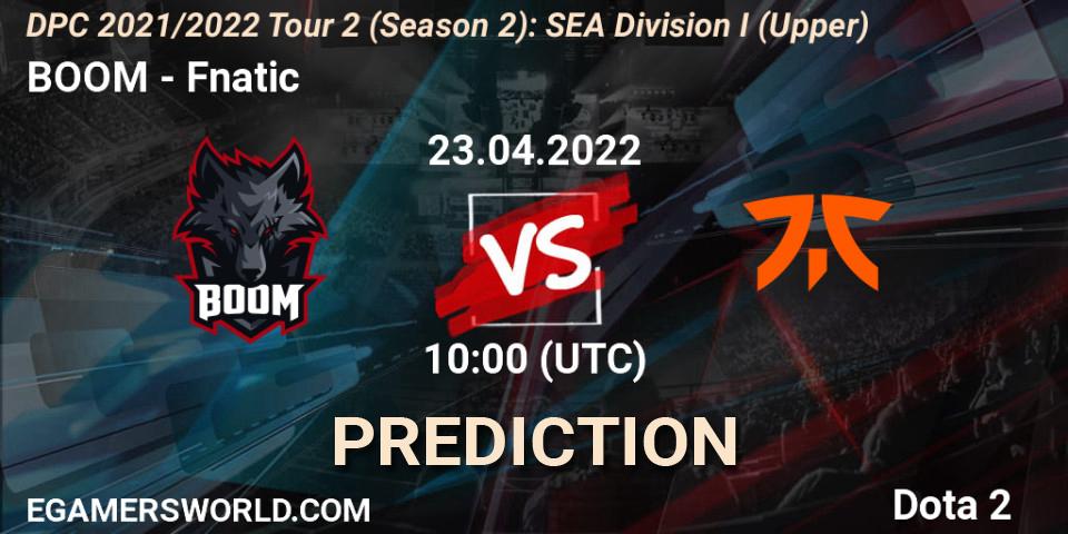 Pronóstico BOOM - Fnatic. 23.04.2022 at 10:08, Dota 2, DPC 2021/2022 Tour 2 (Season 2): SEA Division I (Upper)