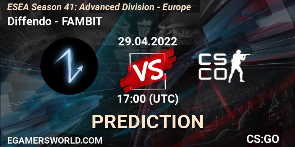 Pronóstico Diffendo - FAMBIT. 29.04.2022 at 17:00, Counter-Strike (CS2), ESEA Season 41: Advanced Division - Europe