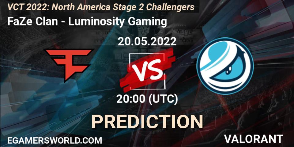 Pronóstico FaZe Clan - Luminosity Gaming. 20.05.2022 at 20:10, VALORANT, VCT 2022: North America Stage 2 Challengers