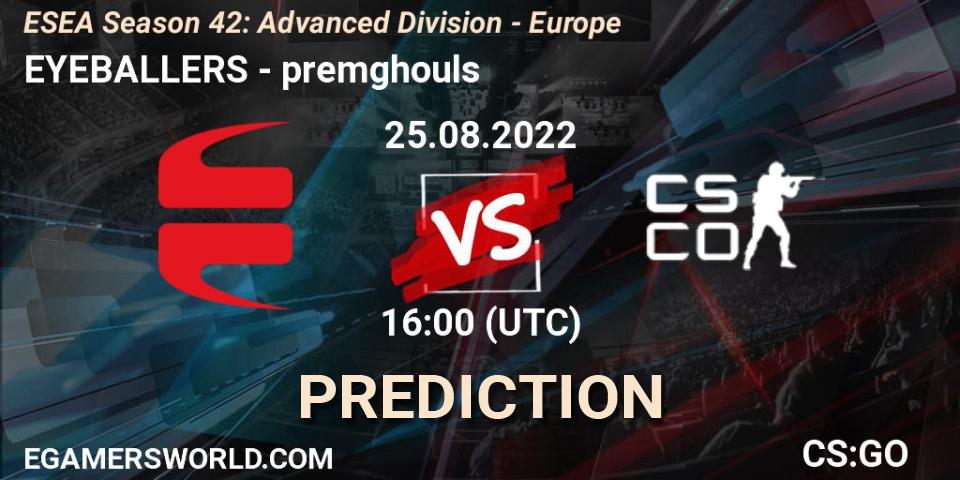 Pronóstico EYEBALLERS - premghouls. 08.09.2022 at 14:00, Counter-Strike (CS2), ESEA Season 42: Advanced Division - Europe