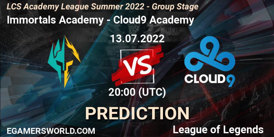 Pronóstico Immortals Academy - Cloud9 Academy. 13.07.2022 at 20:00, LoL, LCS Academy League Summer 2022 - Group Stage