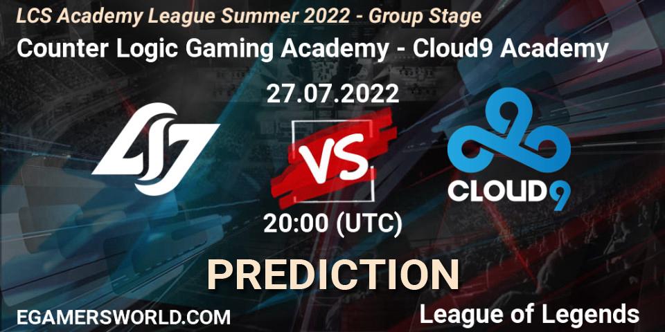 Pronóstico Counter Logic Gaming Academy - Cloud9 Academy. 27.07.2022 at 20:00, LoL, LCS Academy League Summer 2022 - Group Stage