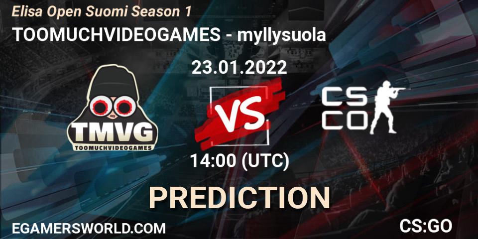 Pronóstico TOOMUCHVIDEOGAMES - myllysuola. 23.01.2022 at 14:00, Counter-Strike (CS2), Elisa Open Suomi Season 1