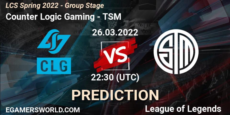 Pronóstico Counter Logic Gaming - TSM. 26.03.2022 at 23:30, LoL, LCS Spring 2022 - Group Stage