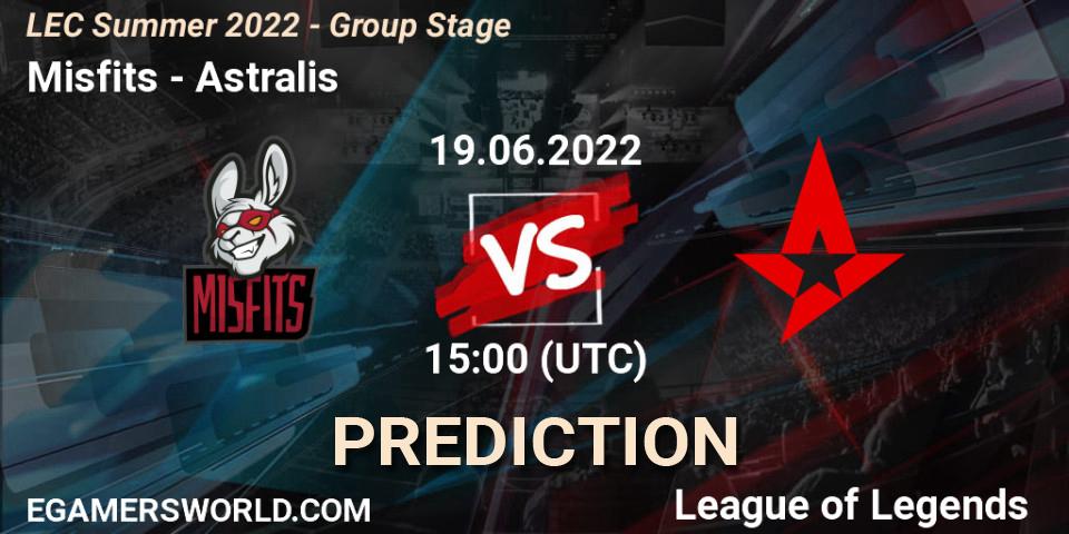 Pronóstico Misfits Gaming - Astralis. 19.06.2022 at 15:00, LoL, LEC Summer 2022 - Group Stage