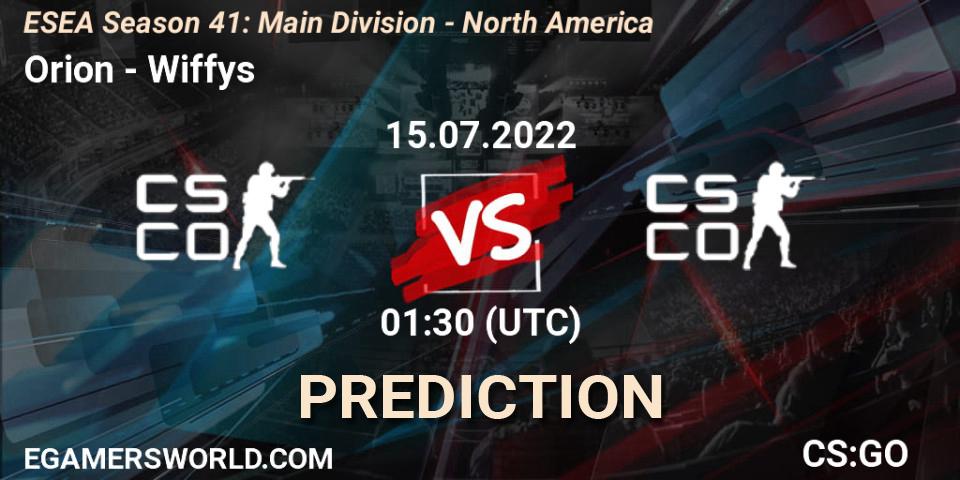 Pronóstico Orion - Wiffys. 15.07.2022 at 01:30, Counter-Strike (CS2), ESEA Season 41: Main Division - North America