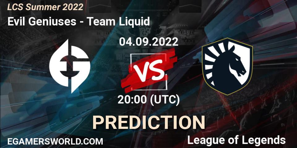 Pronóstico Evil Geniuses - Team Liquid. 04.09.2022 at 20:00, LoL, LCS Summer 2022