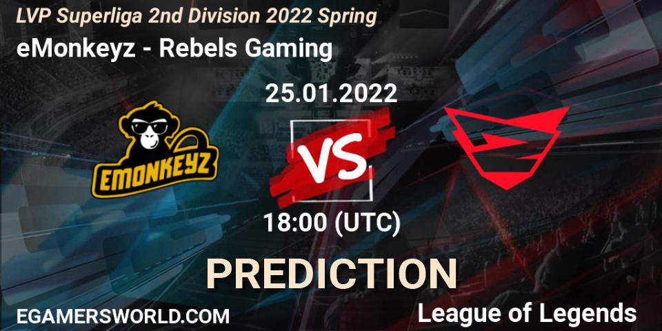 Pronóstico eMonkeyz - Rebels Gaming. 26.01.2022 at 18:00, LoL, LVP Superliga 2nd Division 2022 Spring