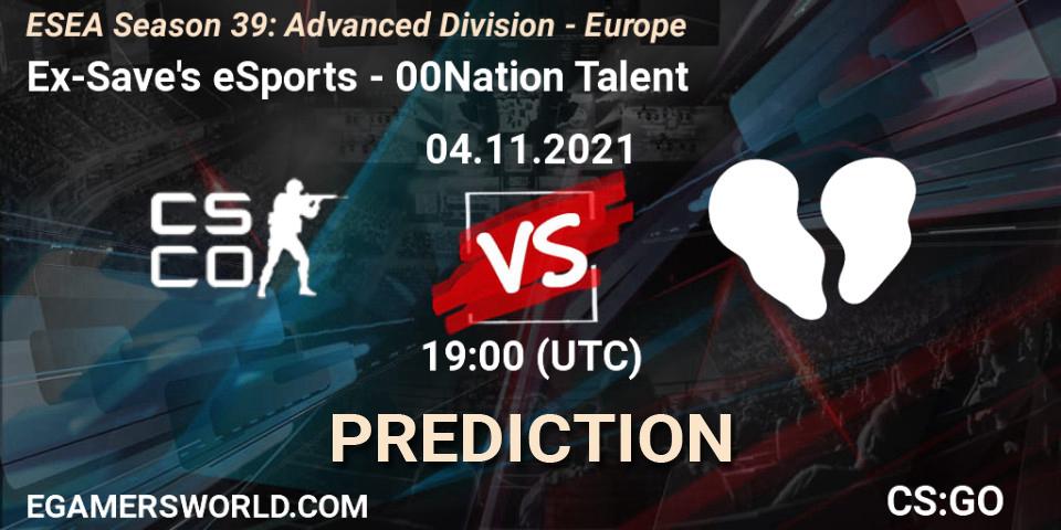 Pronóstico Ex-Save's eSports - 00Nation Talent. 04.11.2021 at 19:00, Counter-Strike (CS2), ESEA Season 39: Advanced Division - Europe