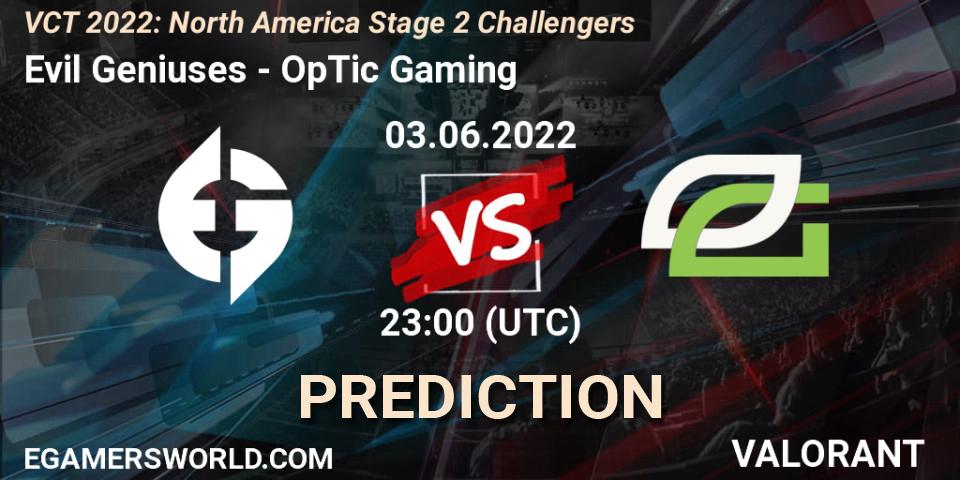 Pronóstico Evil Geniuses - OpTic Gaming. 04.06.2022 at 00:00, VALORANT, VCT 2022: North America Stage 2 Challengers