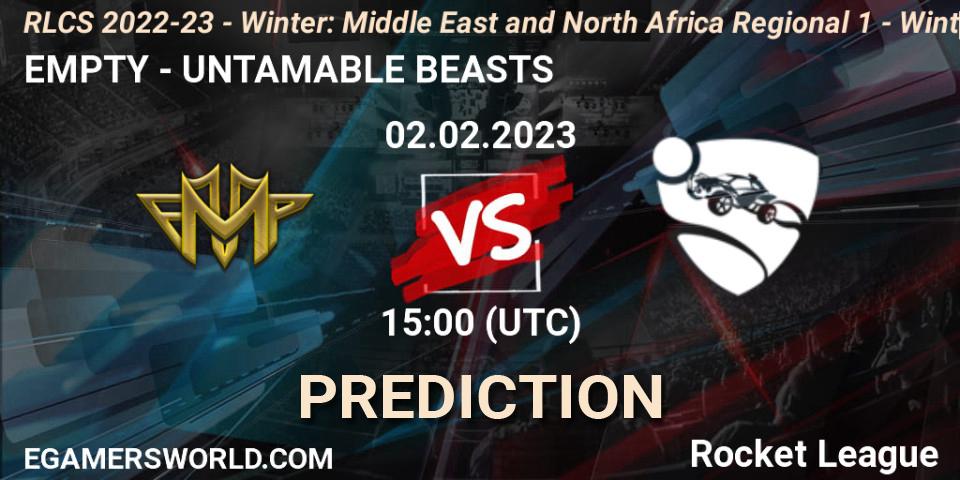 Pronóstico EMPTY - UNTAMABLE BEASTS. 02.02.2023 at 15:00, Rocket League, RLCS 2022-23 - Winter: Middle East and North Africa Regional 1 - Winter Open