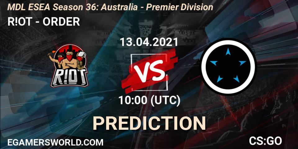 Pronóstico R!OT - ORDER. 13.04.2021 at 10:00, Counter-Strike (CS2), MDL ESEA Season 36: Australia - Premier Division