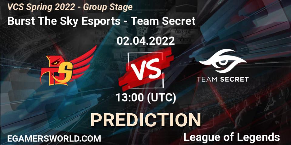 Pronóstico Burst The Sky Esports - Team Secret. 02.04.2022 at 13:00, LoL, VCS Spring 2022 - Group Stage 