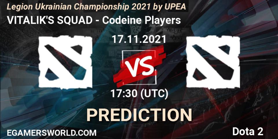 Pronóstico VITALIK'S SQUAD - Codeine Players. 17.11.2021 at 17:30, Dota 2, Legion Ukrainian Championship 2021 by UPEA