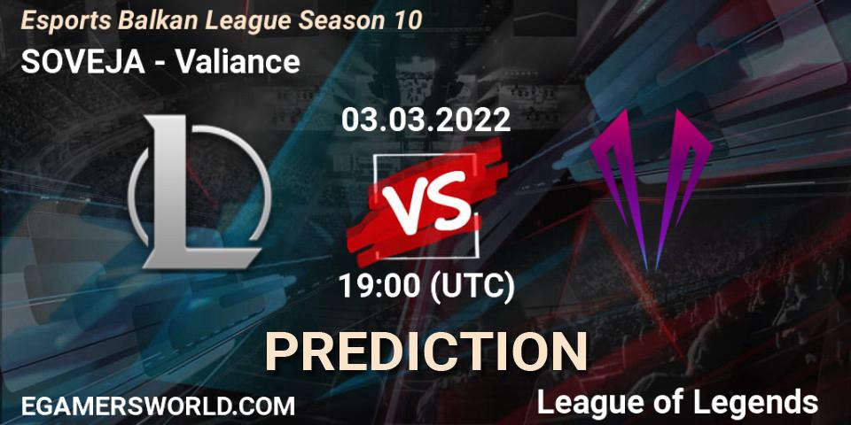 Pronóstico SOVEJA - Valiance. 03.03.2022 at 19:00, LoL, Esports Balkan League Season 10