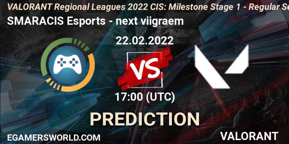 Pronóstico SMARACIS Esports - next viigraem. 22.02.2022 at 17:00, VALORANT, VALORANT Regional Leagues 2022 CIS: Milestone Stage 1 - Regular Season