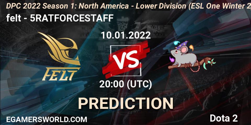 Pronóstico felt - 5RATFORCESTAFF. 10.01.2022 at 20:22, Dota 2, DPC 2022 Season 1: North America - Lower Division (ESL One Winter 2021)
