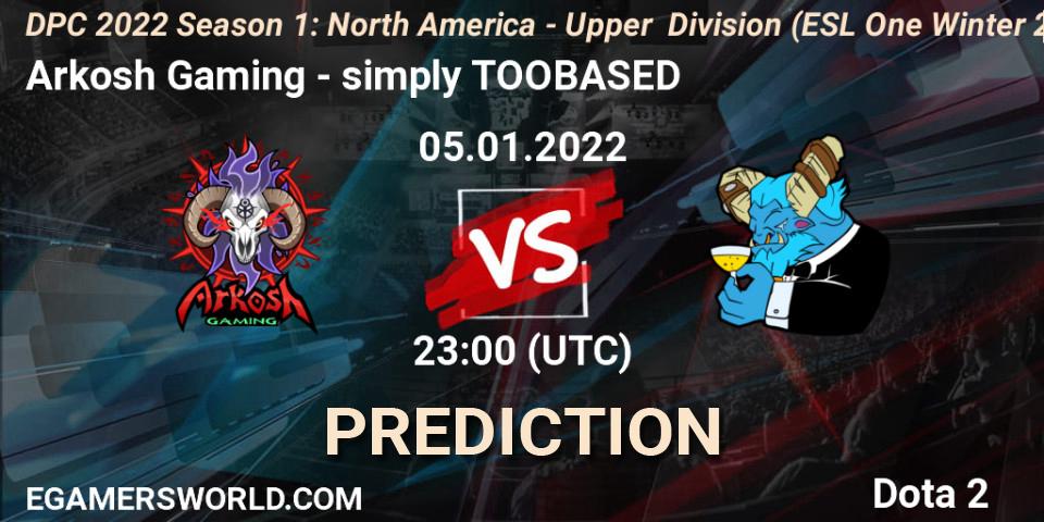 Pronóstico Arkosh Gaming - simply TOOBASED. 06.01.2022 at 00:13, Dota 2, DPC 2022 Season 1: North America - Upper Division (ESL One Winter 2021)