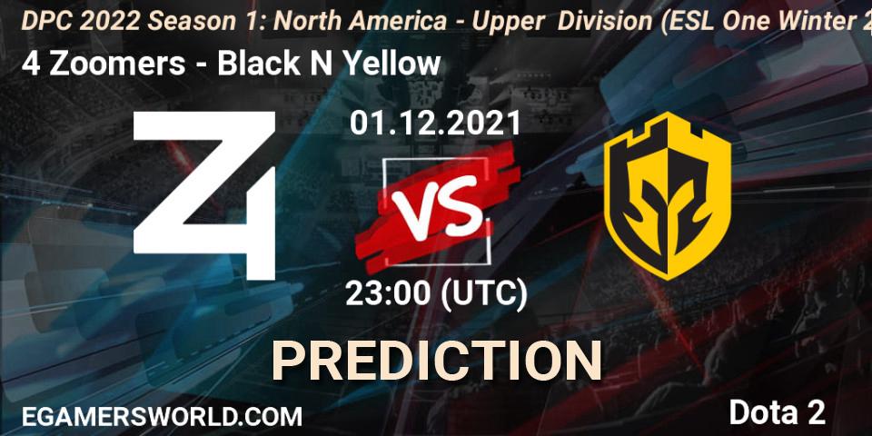 Pronóstico 4 Zoomers - Black N Yellow. 01.12.2021 at 23:17, Dota 2, DPC 2022 Season 1: North America - Upper Division (ESL One Winter 2021)