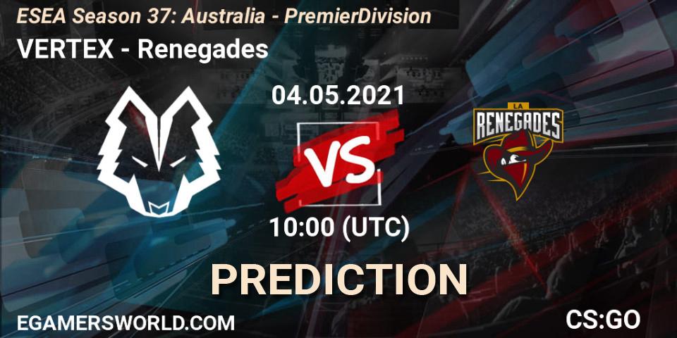 Pronóstico VERTEX - Renegades. 04.05.2021 at 10:00, Counter-Strike (CS2), ESEA Season 37: Australia - Premier Division