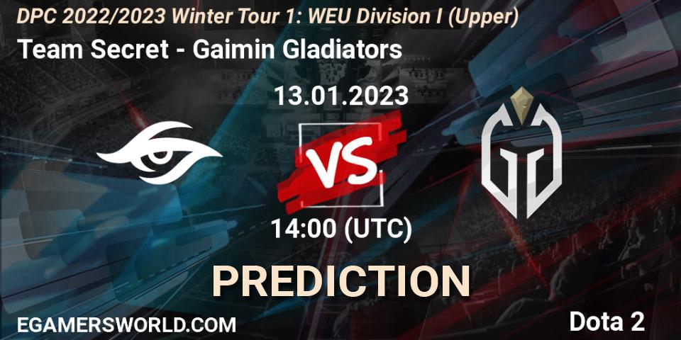 Pronóstico Team Secret - Gaimin Gladiators. 13.01.2023 at 13:55, Dota 2, DPC 2022/2023 Winter Tour 1: WEU Division I (Upper)