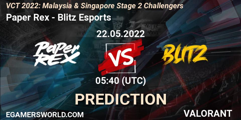 Pronóstico Paper Rex - Blitz Esports. 22.05.2022 at 05:40, VALORANT, VCT 2022: Malaysia & Singapore Stage 2 Challengers