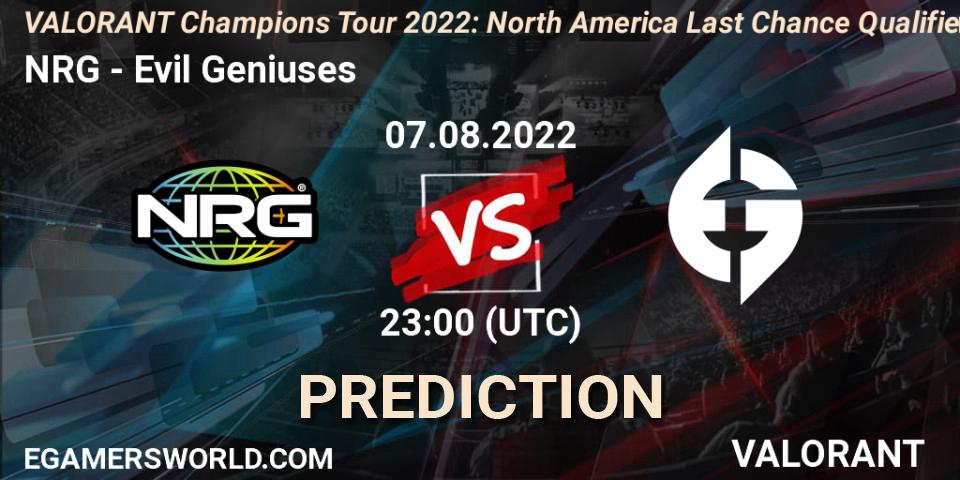 Pronóstico NRG - Evil Geniuses. 07.08.2022 at 23:05, VALORANT, VCT 2022: North America Last Chance Qualifier