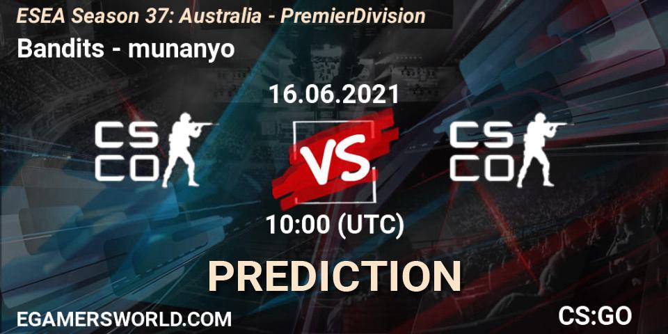 Pronóstico Bandits - munanyo. 16.06.2021 at 10:00, Counter-Strike (CS2), ESEA Season 37: Australia - Premier Division