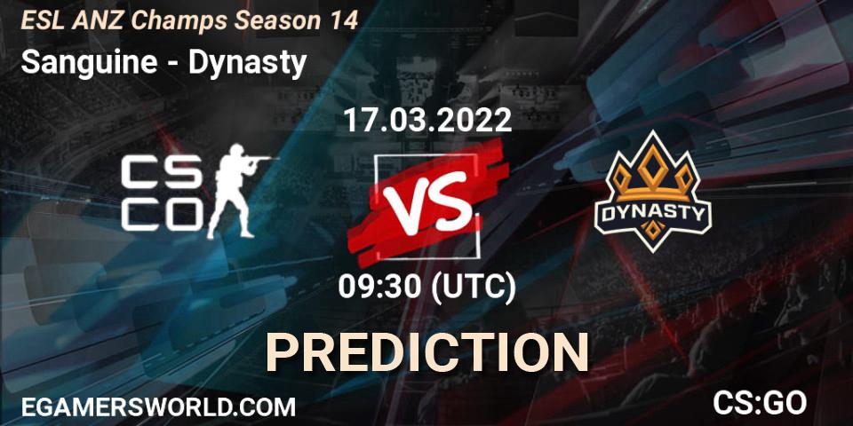 Pronóstico Sanguine - Dynasty. 17.03.2022 at 10:50, Counter-Strike (CS2), ESL ANZ Champs Season 14