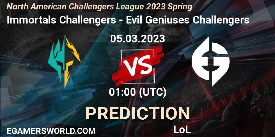 Pronóstico Immortals Challengers - Evil Geniuses Challengers. 05.03.23, LoL, NACL 2023 Spring - Group Stage