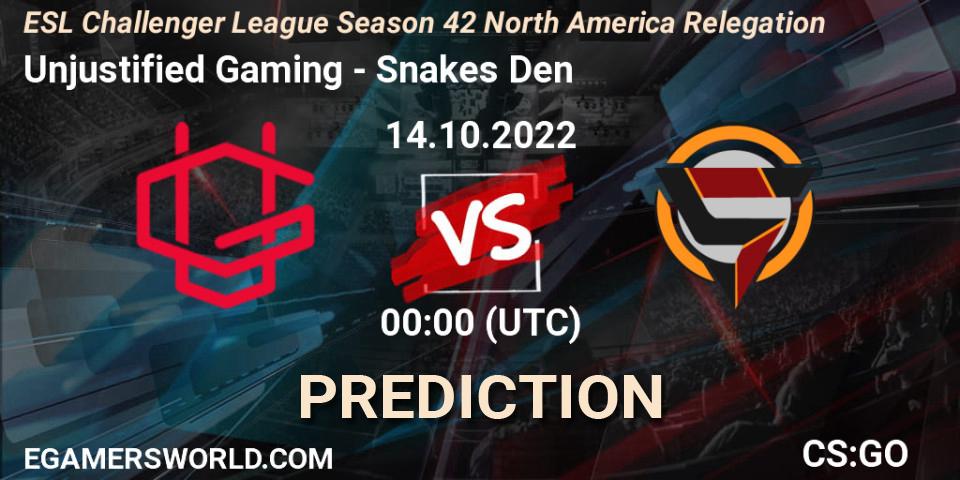 Pronóstico Unjustified Gaming - Snakes Den. 14.10.2022 at 00:00, Counter-Strike (CS2), ESL Challenger League Season 42 North America Relegation