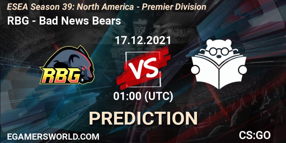 Pronóstico RBG - Bad News Bears. 17.12.2021 at 01:00, Counter-Strike (CS2), ESEA Season 39: North America - Premier Division