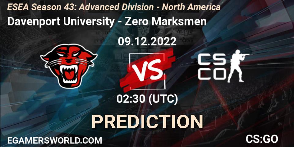 Pronóstico Davenport University - Zero Marksmen. 09.12.2022 at 03:10, Counter-Strike (CS2), ESEA Season 43: Advanced Division - North America
