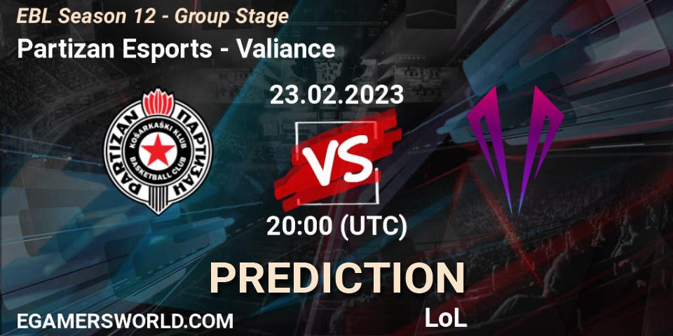 Pronóstico Partizan Esports - Valiance. 23.02.23, LoL, EBL Season 12 - Group Stage