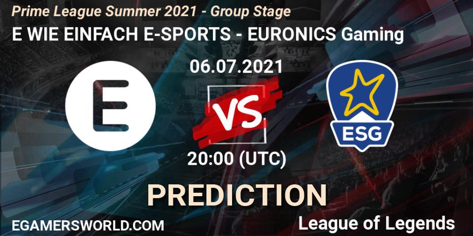 Pronóstico E WIE EINFACH E-SPORTS - EURONICS Gaming. 06.07.21, LoL, Prime League Summer 2021 - Group Stage