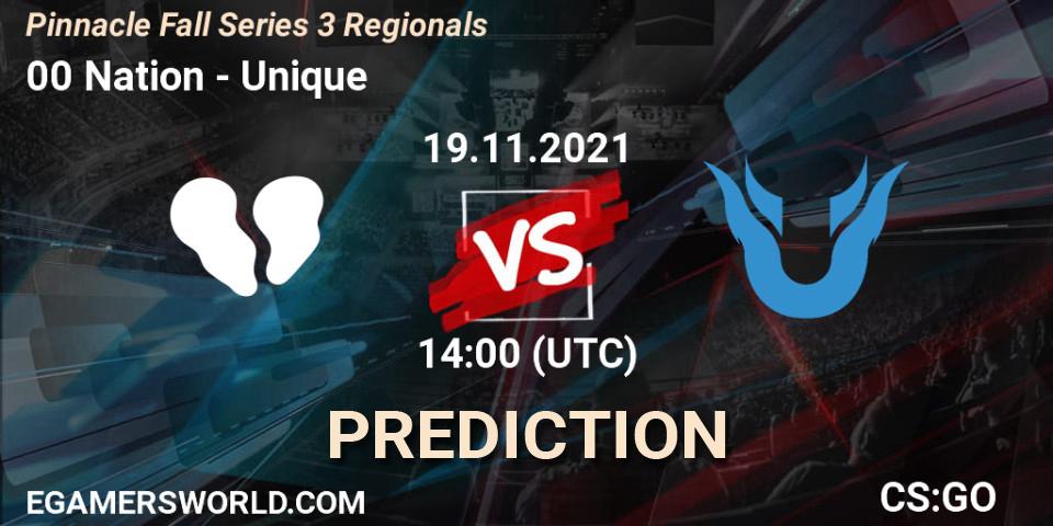 Pronóstico 00 Nation - Unique. 19.11.2021 at 14:00, Counter-Strike (CS2), Pinnacle Fall Series 3 Regionals