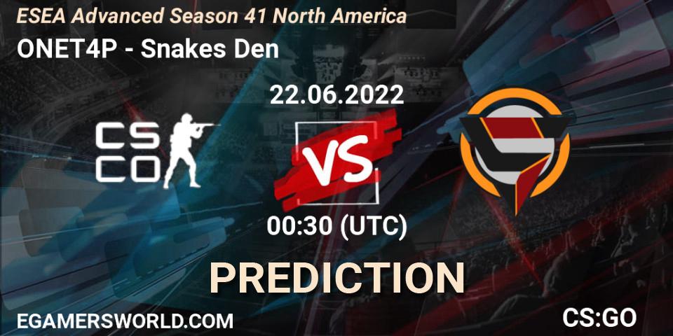 Pronóstico ONET4P - Snakes Den. 22.06.2022 at 00:30, Counter-Strike (CS2), ESEA Advanced Season 41 North America