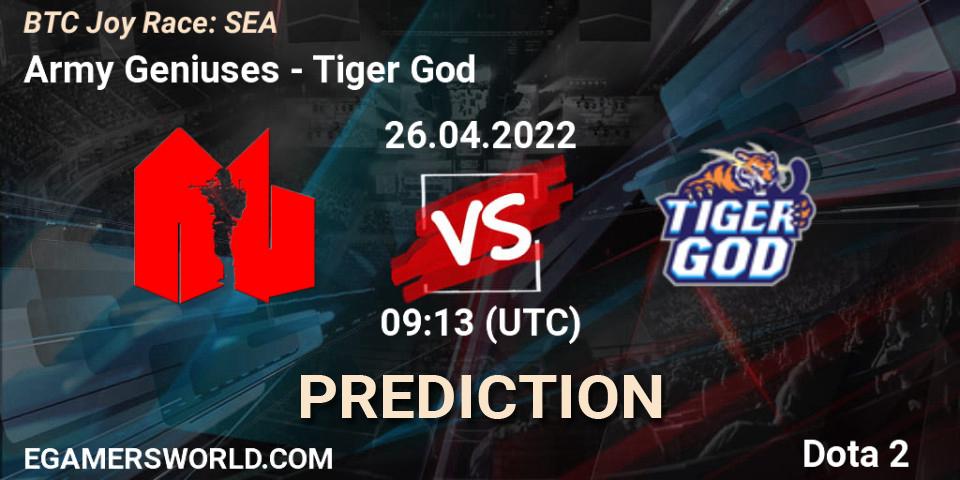 Pronóstico Army Geniuses - Tiger God. 26.04.2022 at 09:13, Dota 2, BTC Joy Race: SEA