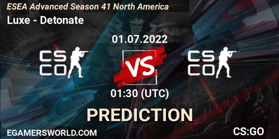 Pronóstico Luxe - Detonate. 01.07.2022 at 00:30, Counter-Strike (CS2), ESEA Advanced Season 41 North America