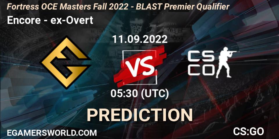 Pronóstico Encore - ex-Overt. 11.09.2022 at 05:30, Counter-Strike (CS2), Fortress OCE Masters Fall 2022 - BLAST Premier Qualifier
