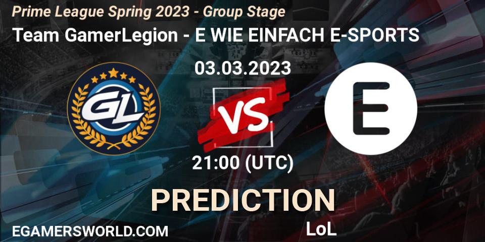 Pronóstico Team GamerLegion - E WIE EINFACH E-SPORTS. 03.03.2023 at 18:00, LoL, Prime League Spring 2023 - Group Stage