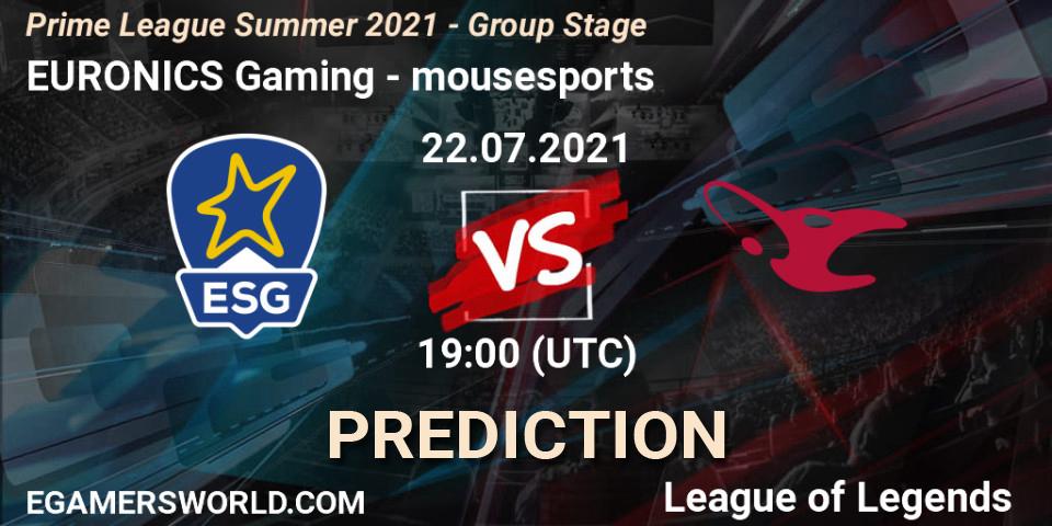 Pronóstico EURONICS Gaming - mousesports. 22.07.2021 at 19:00, LoL, Prime League Summer 2021 - Group Stage