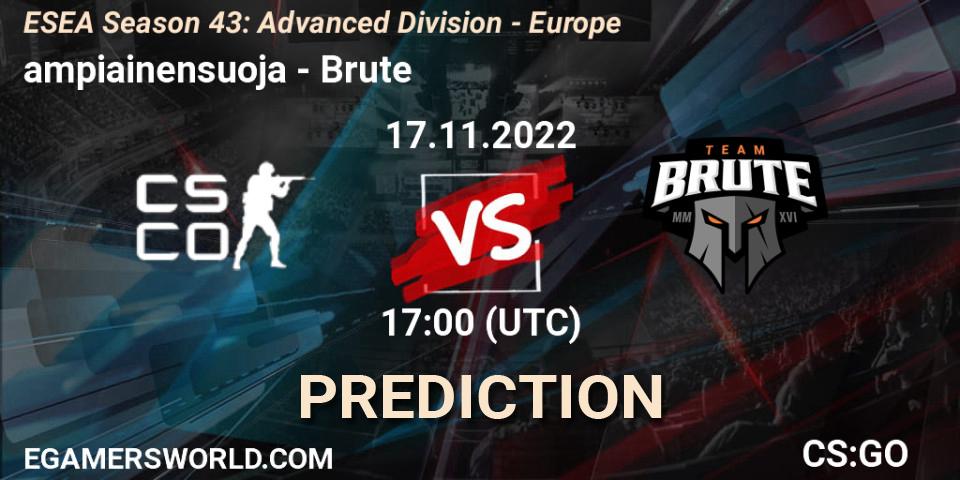 Pronóstico ampiainensuoja - Brute. 17.11.2022 at 17:00, Counter-Strike (CS2), ESEA Season 43: Advanced Division - Europe