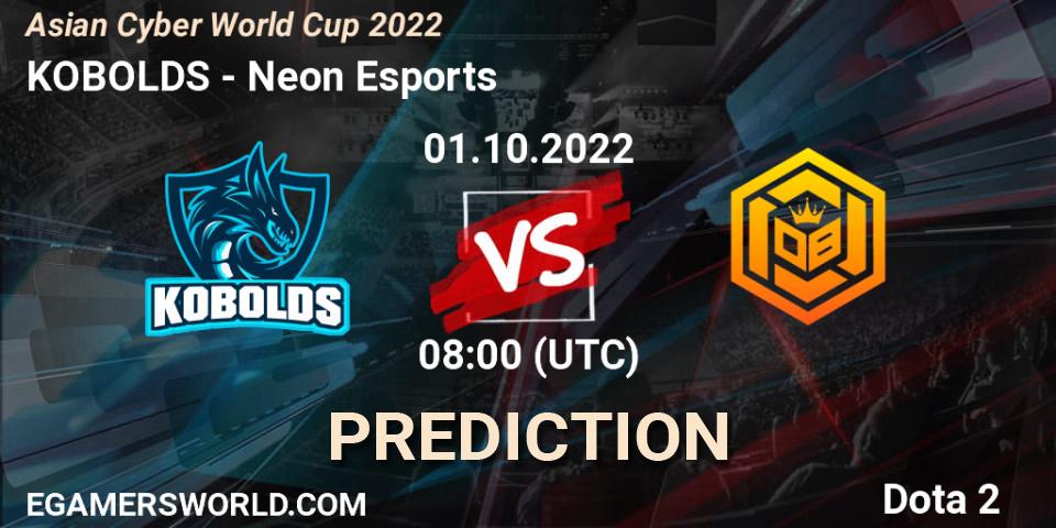 Pronóstico KOBOLDS - Neon Esports. 01.10.2022 at 09:11, Dota 2, Asian Cyber World Cup 2022