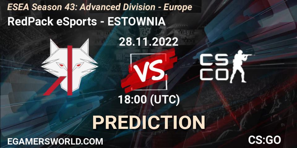 Pronóstico RedPack eSports - ESTOWNIA. 28.11.22, CS2 (CS:GO), ESEA Season 43: Advanced Division - Europe
